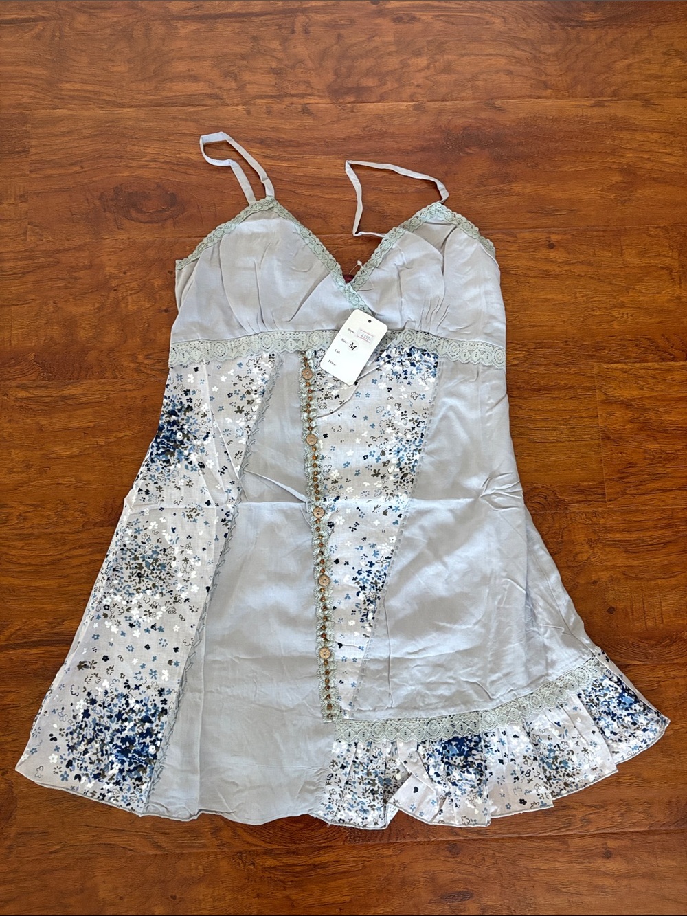 NWT Light Grey/Blue Floral Lined Slip Dress with Lace Trim. Size M